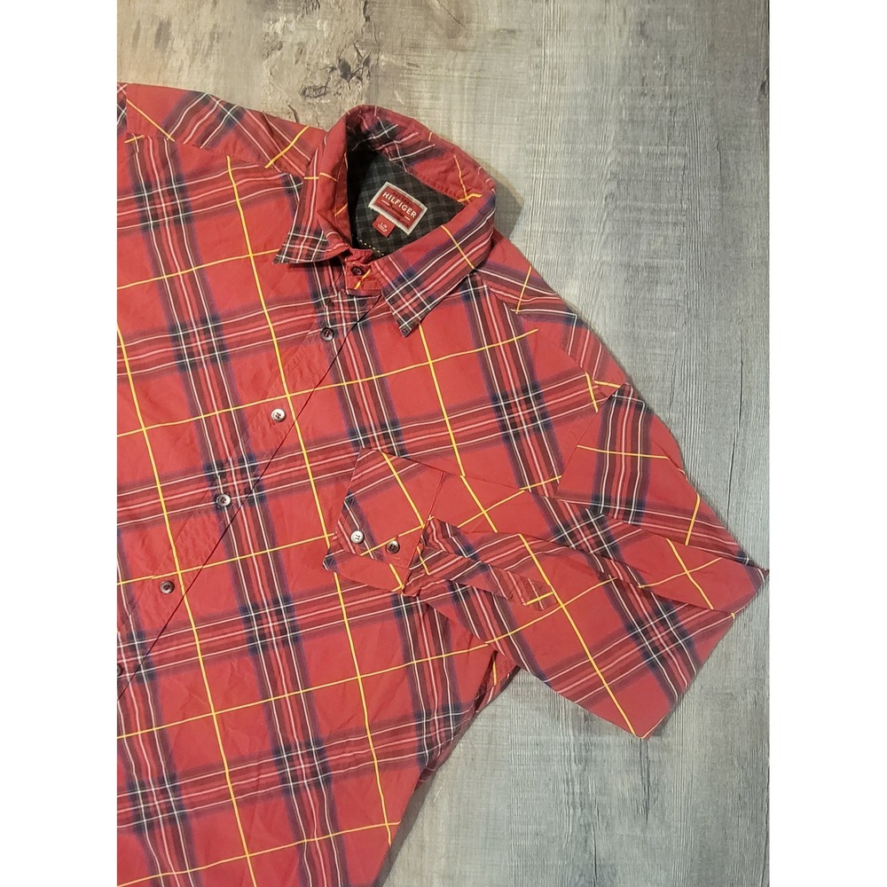 Tommy Hilfiger Red Label Denim Plaid Button Down Shirt Mens Large Red Lion Crest